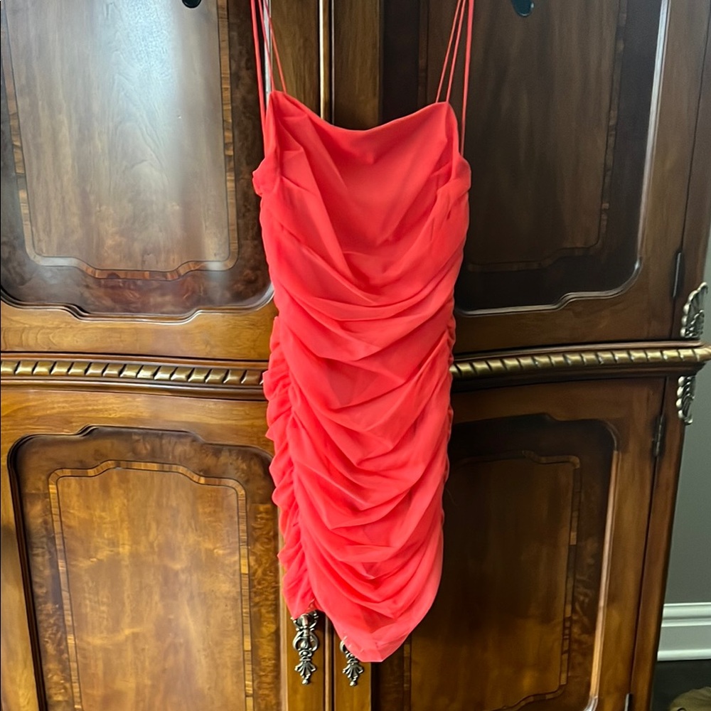 Alice + Olivia Red Ruched Spaghetti Strap Mini Dress
